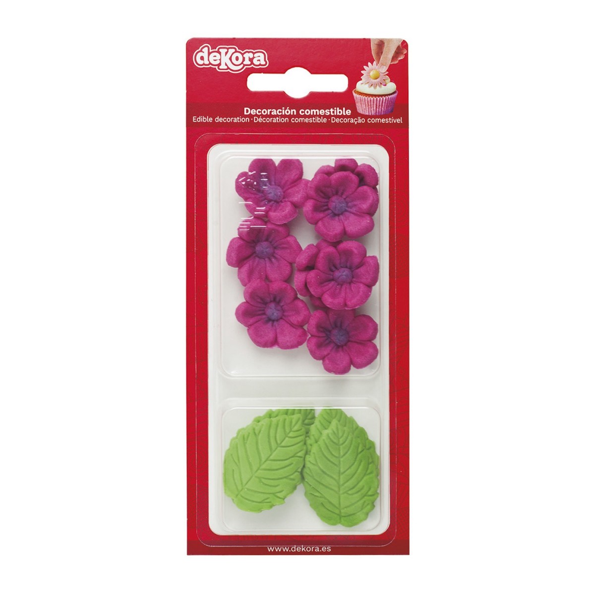 8 FLEURS FUSHSIA ET 5 FEUILLES VERTESEN SUCRE