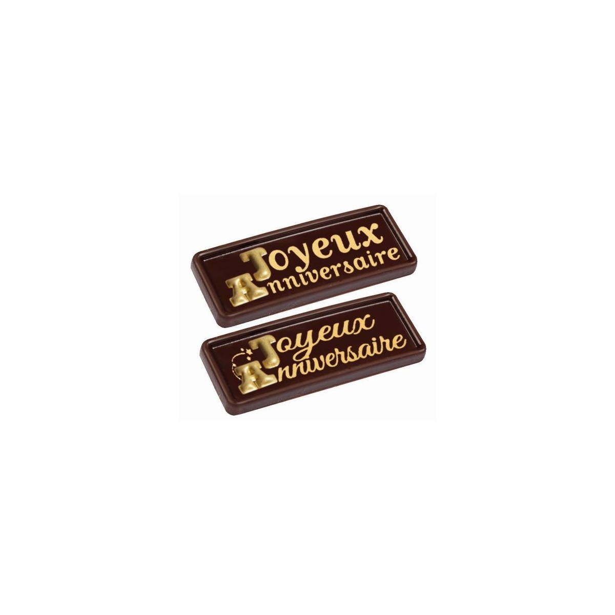 2JA11185 PLAATJE JOYEUX ANNIVERSAIRE IN CHOCOLADE26 X 68 MM 84 STUKKEN  DOOS