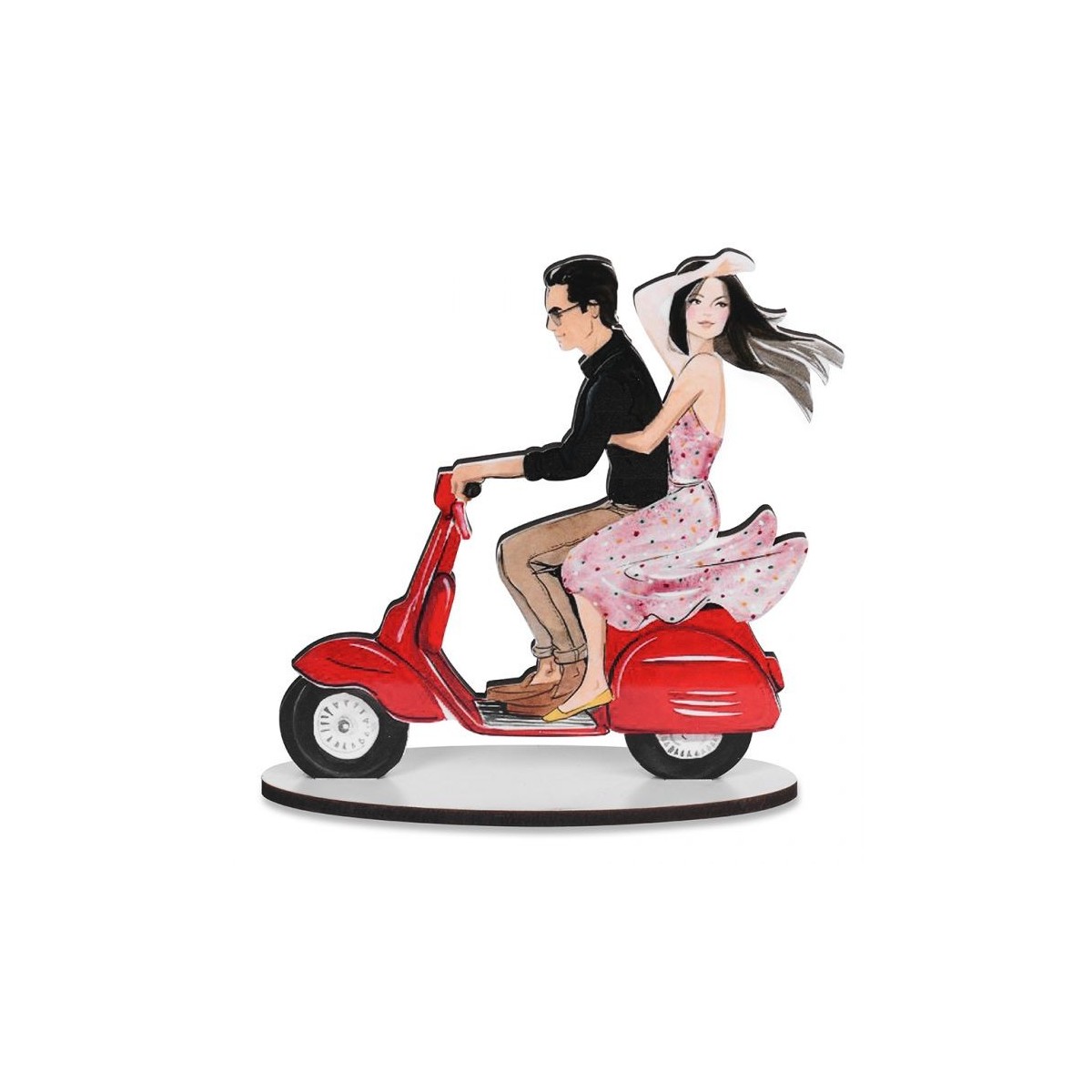 + 28529 CAKE TOPPER COUPLE MARIES SUR VESPA ROUGE HT 15CM EN BOIS