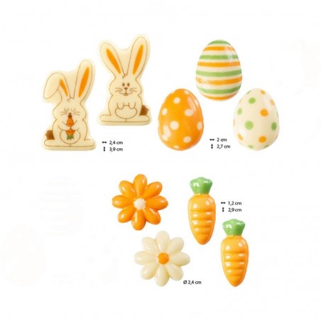 2069136 ASS DECORS PÂQUES LAPINS/ŒUFS/FLEURS/CAROTTES CHOCOLAT BLANC 180SETS PCES