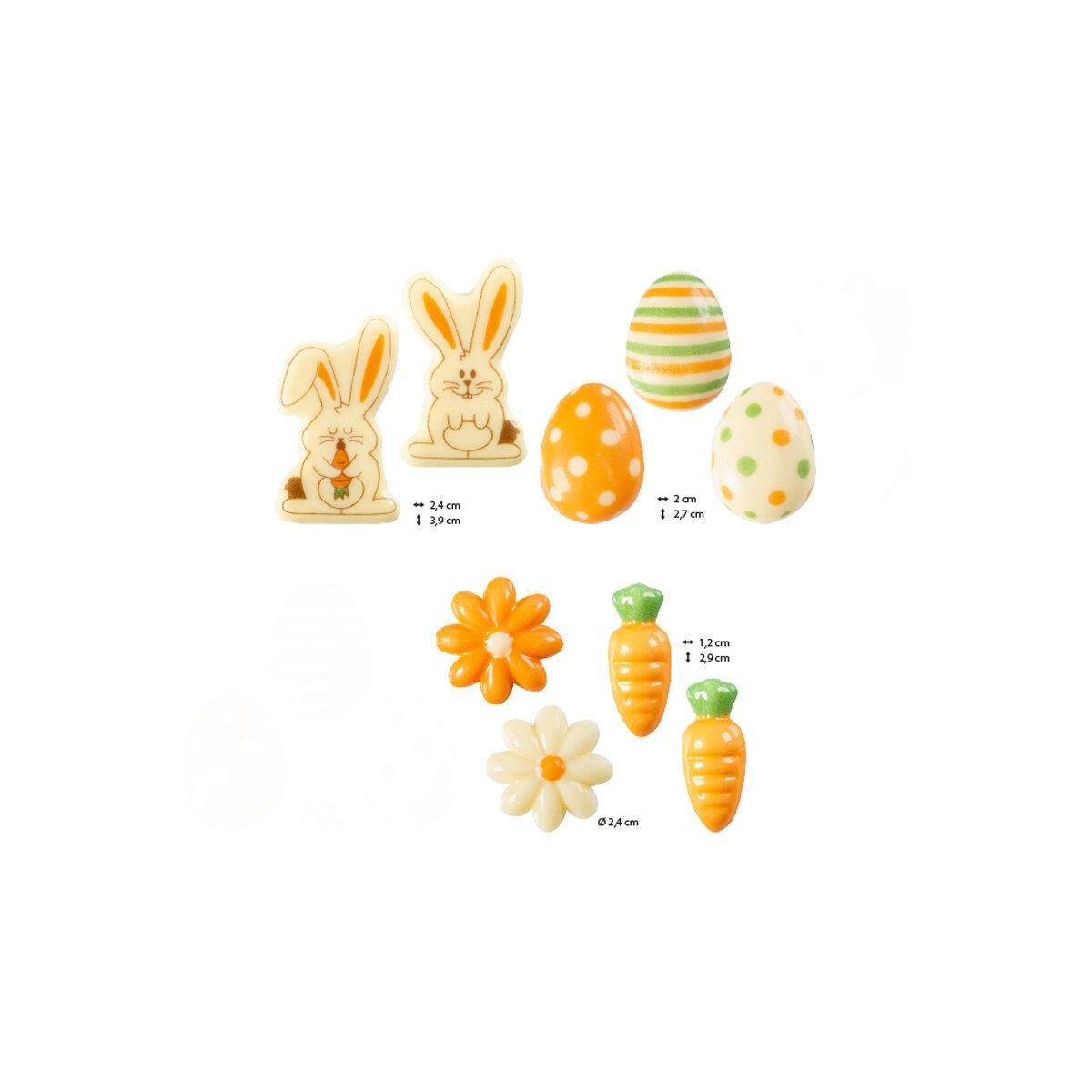 69136 ASS DECORS PÂQUES LAPINS/ŒUFS/FLEURS/CAROTTES CHOCOLAT BLANC 180SETS PCES