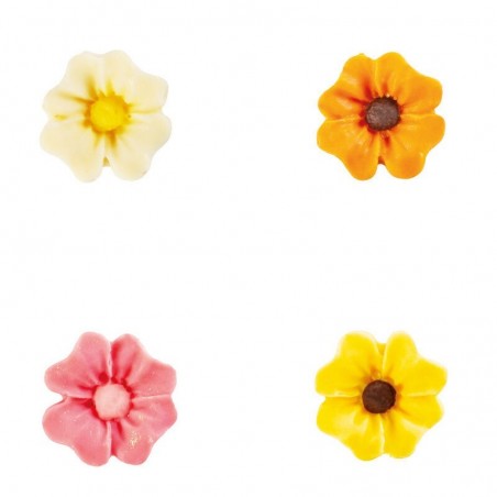 1034374 ASSORTIMENT FLEURS 2D BLANCHE/ROSE/JAUNE/ORANGE CHOCOLAT 2CM 160 PCES S/CD