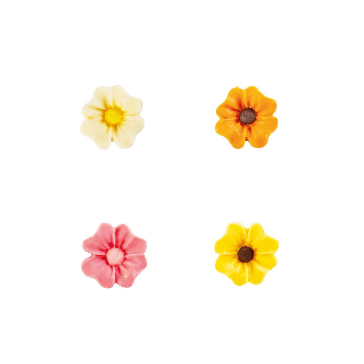 1034374 ASSORTIMENT FLEURS 2D BLANCHE/ROSE/JAUNE/ORANGE CHOCOLAT 2CM 160 PCES S/CD