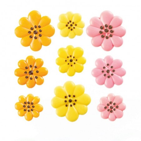 34375 ASSORTIMENT MARGUERITE ROSE/JAUNE/ORANGE CHOCOLAT AVEC POINTS NOIRS 25-30-35MM 162 PCES S/C