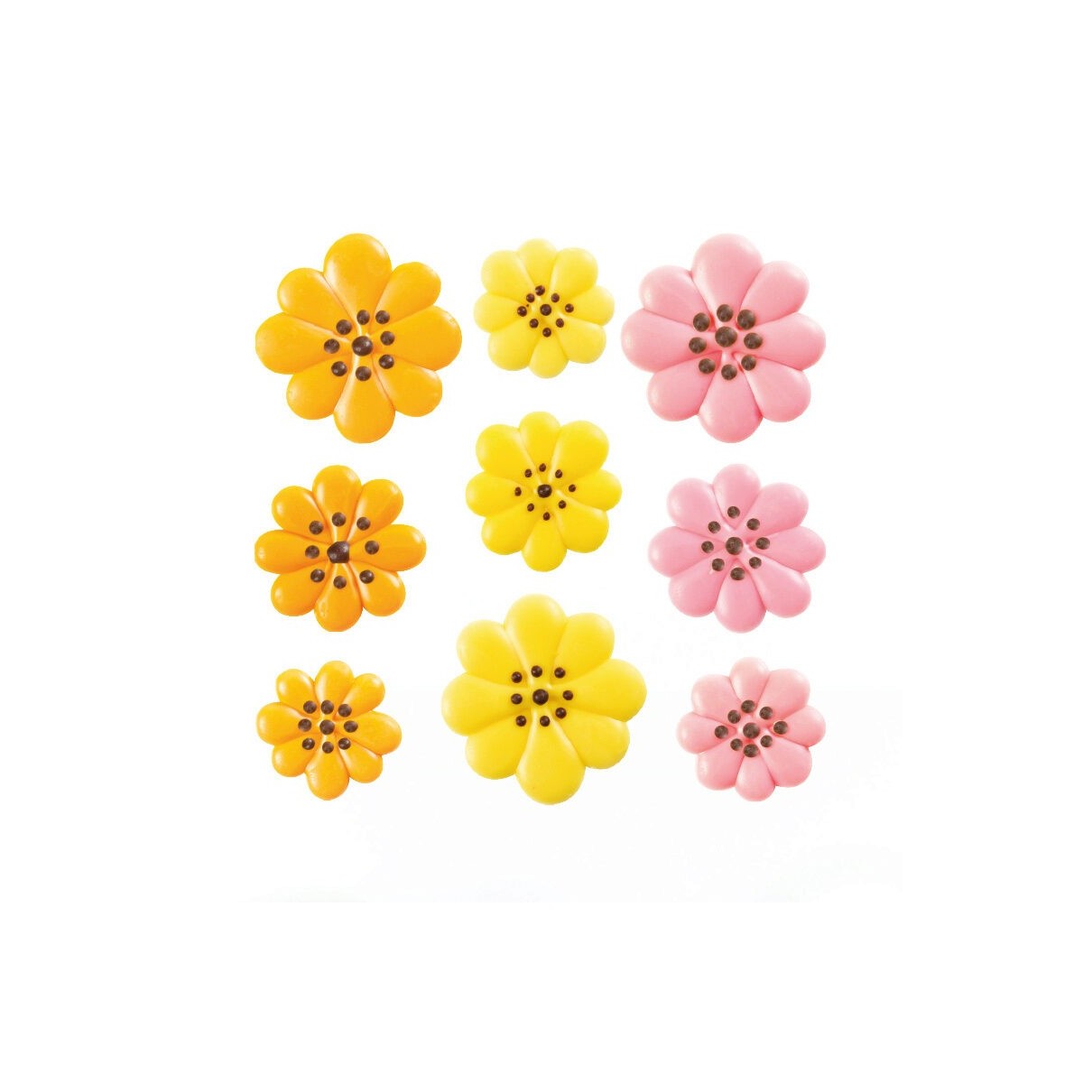 1034375 FLEURS ROSE/JAUNE/ORANGE Ø 25-30-35MM EN CHOCOLAT  162 PCES S/CDE