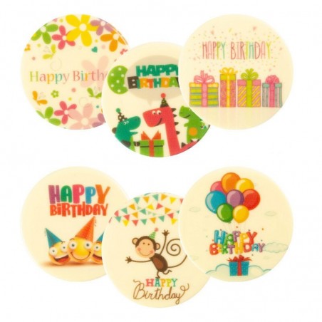 2067249 ASSORTIMENT PLAQUETTE HAPPY BIRTHDAY COLORERONDE CHOCOLAT BLANC 75MM 30 PCES