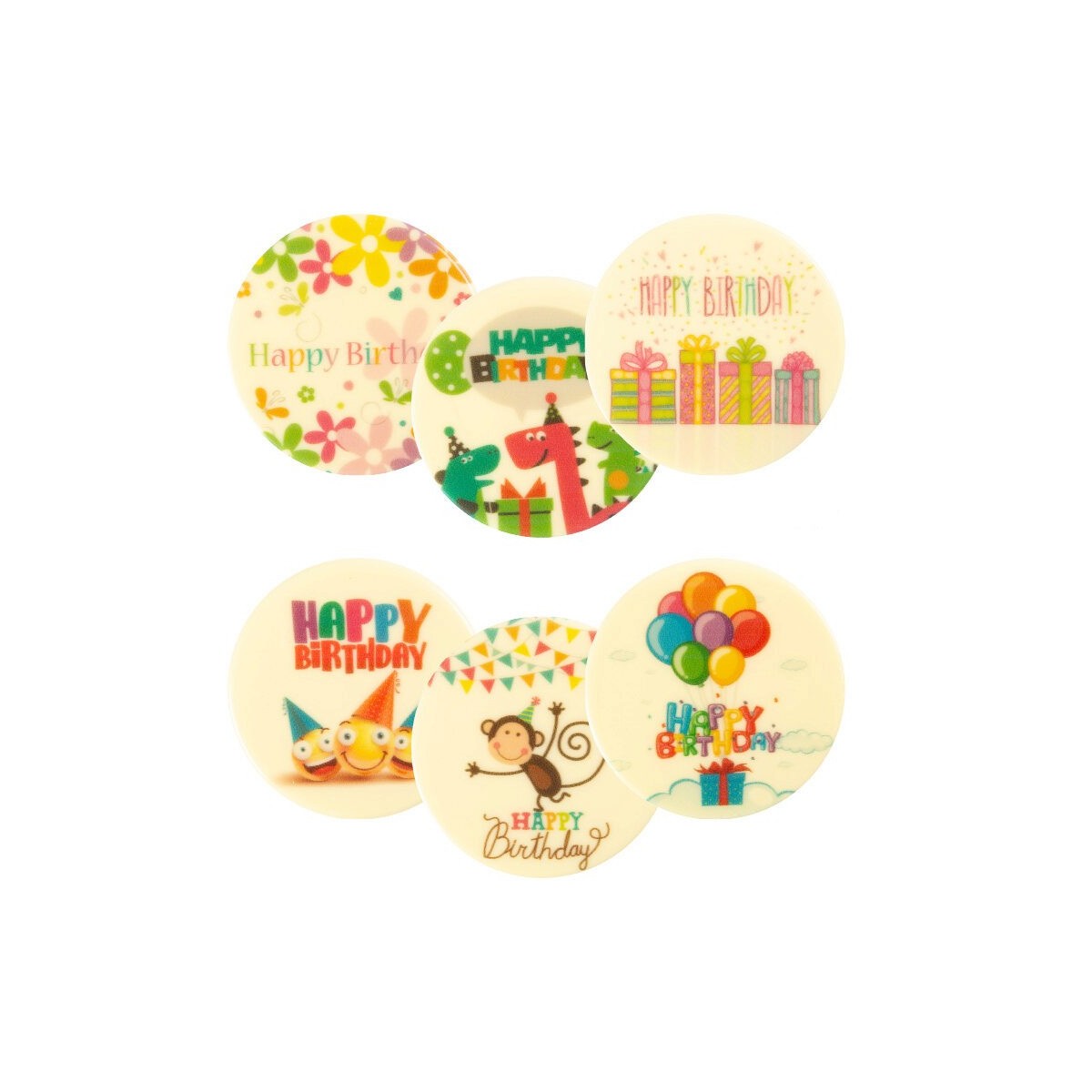 2067249 ASSORTIMENT PLAQUETTE HAPPY BIRTHDAY COLORERONDE CHOCOLAT BLANC 75MM 30 PCES