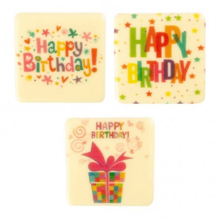 2067252 PLAQUETTE HAPPY BIRTHDAY COLORE CARRE CHOCOLAT BLANC 48X48MM 75 PCES