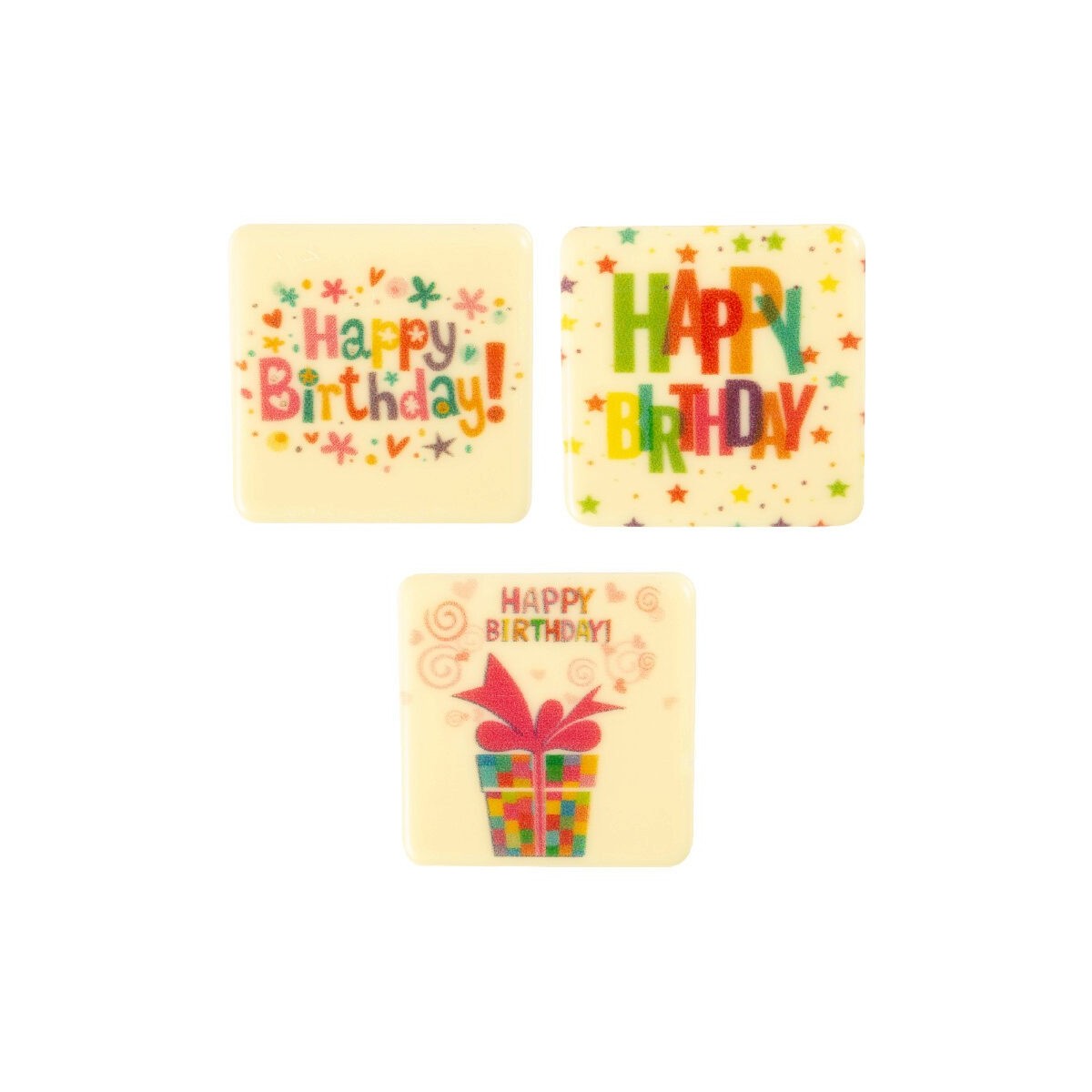 2067252 PLAQUETTE HAPPY BIRTHDAY COLORE CARRE CHOCOLAT BLANC 48X48MM 75 PCES