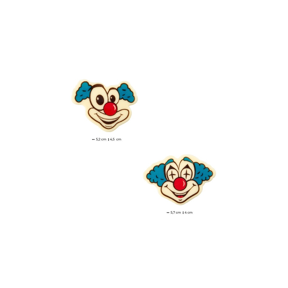 2024028 PLAQUETTE TETE DE CLOWN 52X45-57X40MM CHOCOLAT 60 PCES S/CD