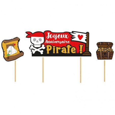 TAART TOPPER GELUKKIGE VERJAARDAG PIRATES 3PCES