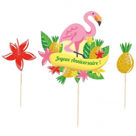 + CAKE TOPPER JOYEUX ANNIVERSAIRE TROPICAL SUMMER  3 PCES