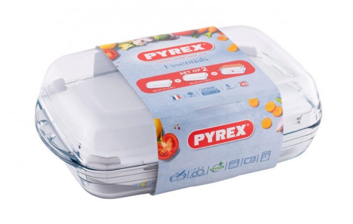 PYREX SET 2 SCHALEN 35X22 OMKEERBARE SCHAAL OFBRAADPAN 2X2.8L-BOROSILICAAT -40+300° -40+300