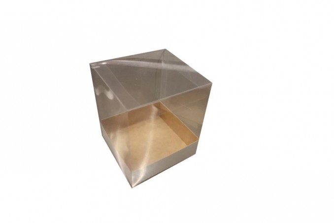 BOITE TRANSPARENTE 100X100X120MM  +1 SOCLE KRAFT+ 2 COUVERCLES COLIS DE 25 PCES